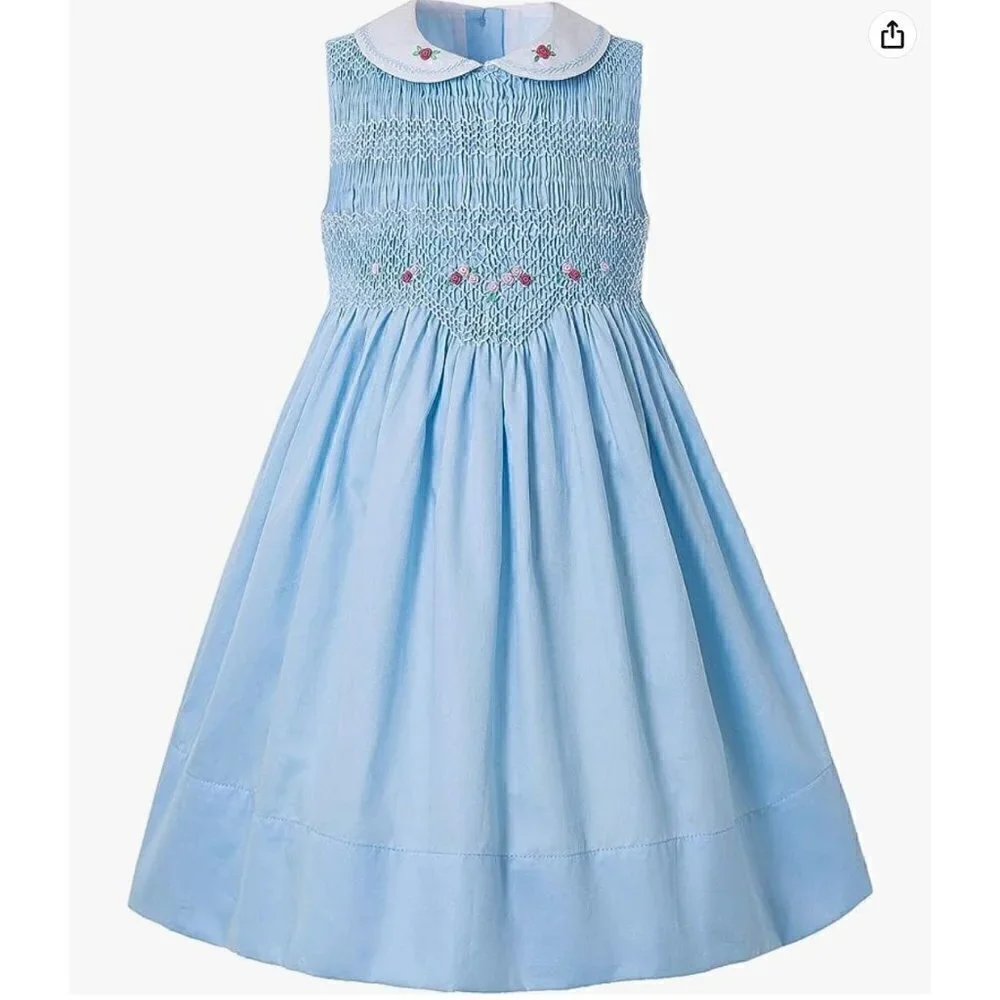 Solid Blue Smocked Dress Pink Rose Embroidery Peter Pan Collar & Sock Bundle